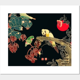 PARROTS ON A BRANCH OF A FLOWERING ROSE BUSH Antique Japanese Floral Posters and Art